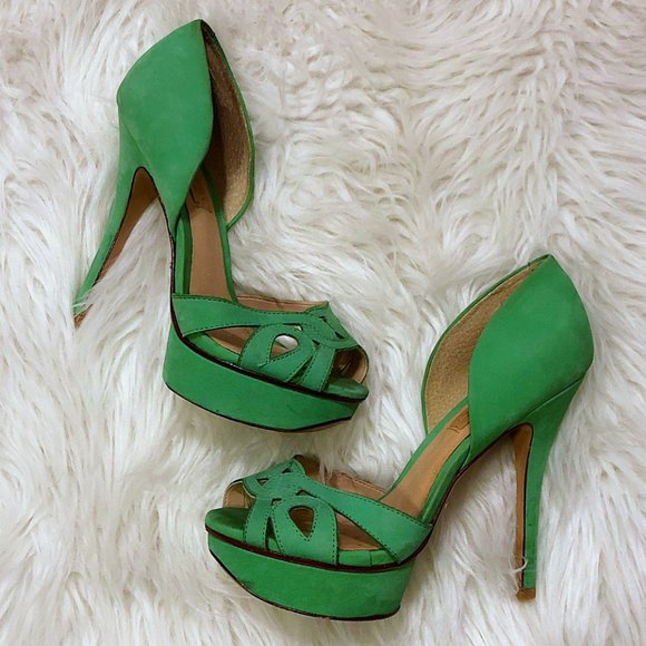SCHUTZ Shoes - SCHUTZ Green Peep Toe Platform Stiletto Pumps Sz 6